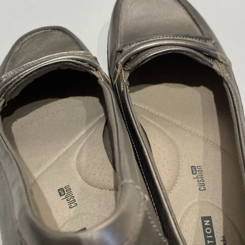 Clarks Ashland Lily Loafers Slip On Shoes Pewter Metallic Leather Women’s 11
